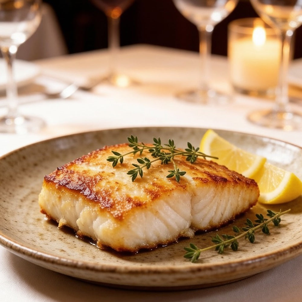 Pan-seared white cod loin steak with herbs and lemon on a plate