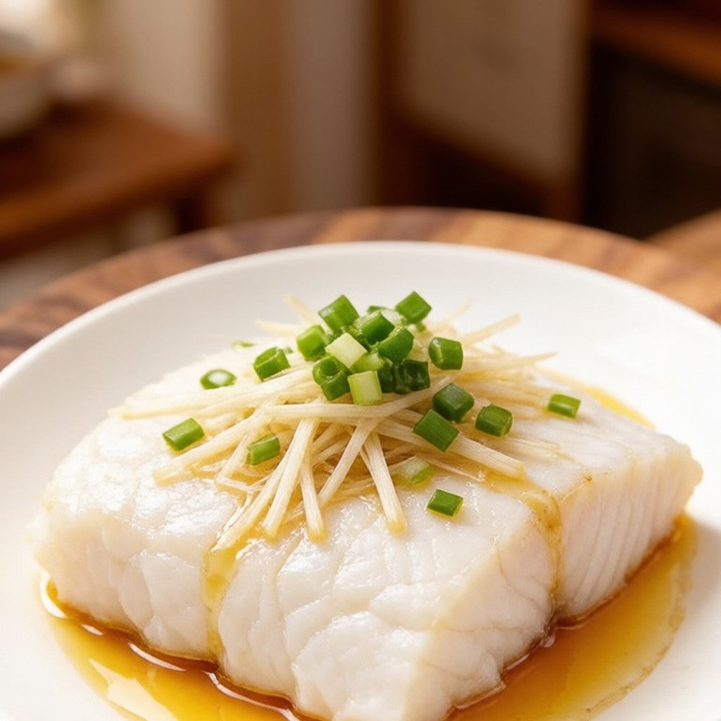 Two thick raw cod loin steaks on a white plate