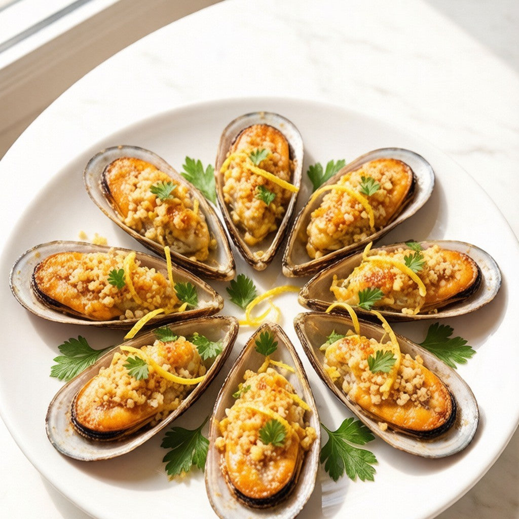 Ring of garlic butter grilled mussels on the half shell