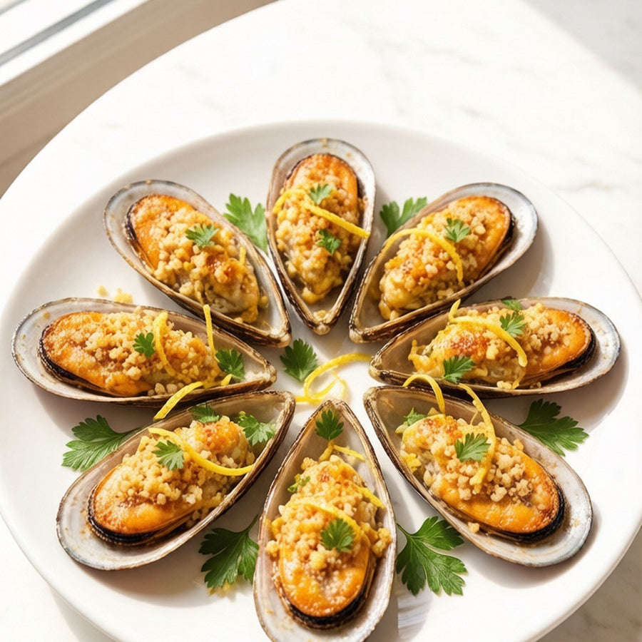 Ring of garlic butter grilled mussels on the half shell
