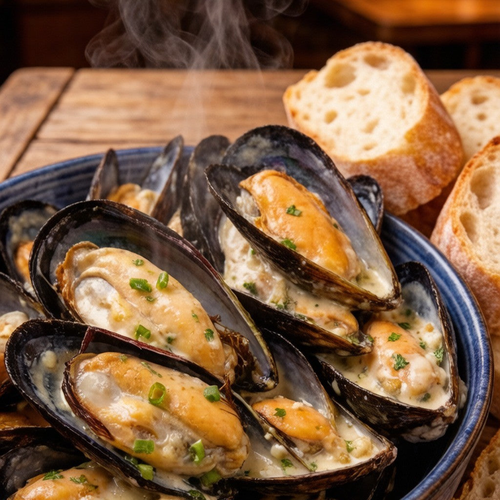Mussels in white wine broth with bread on a dark plate