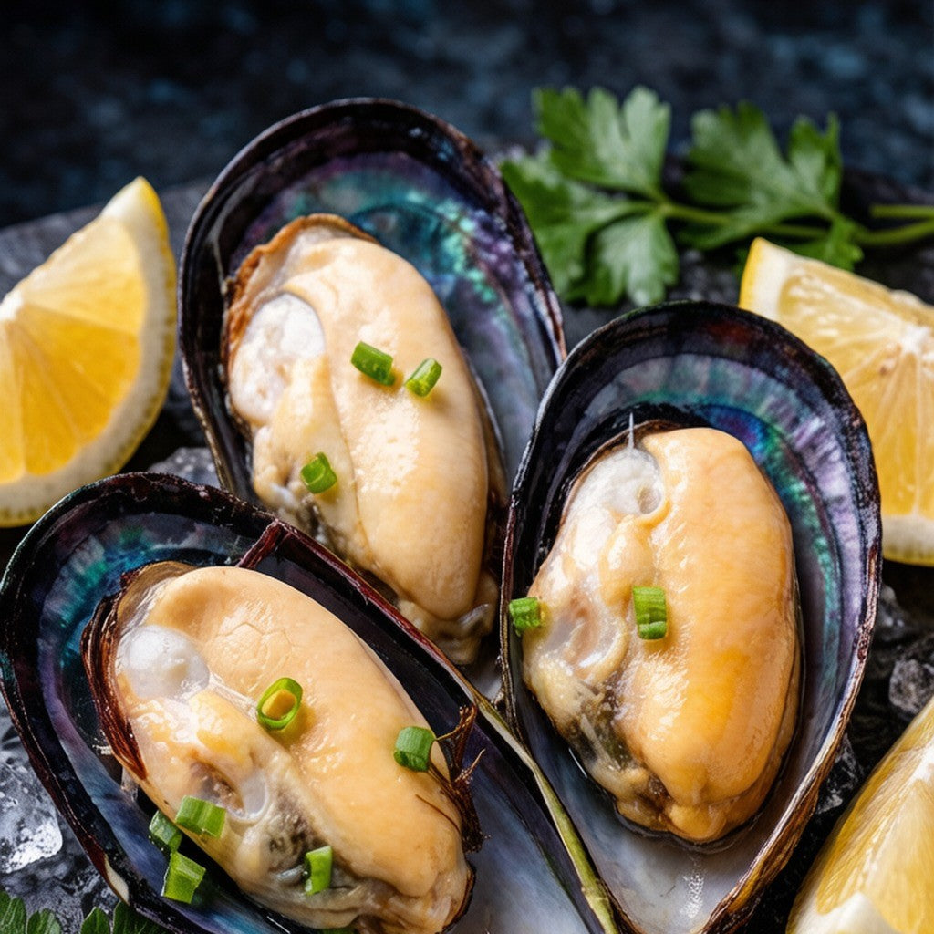 Opened raw mussels showing orange meat inside dark shells