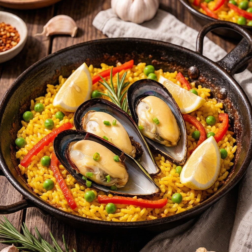 Seafood paella with mussels in a black pan