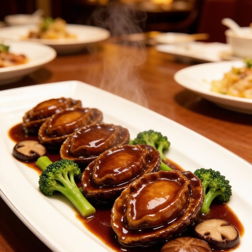 Braised abalone with shiitake mushrooms and greens on a plate