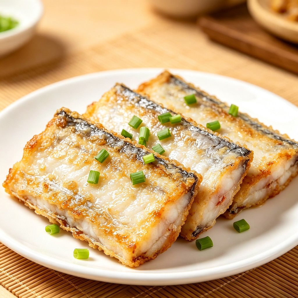 Pan-fried beltfish segments with spring onion on a plate