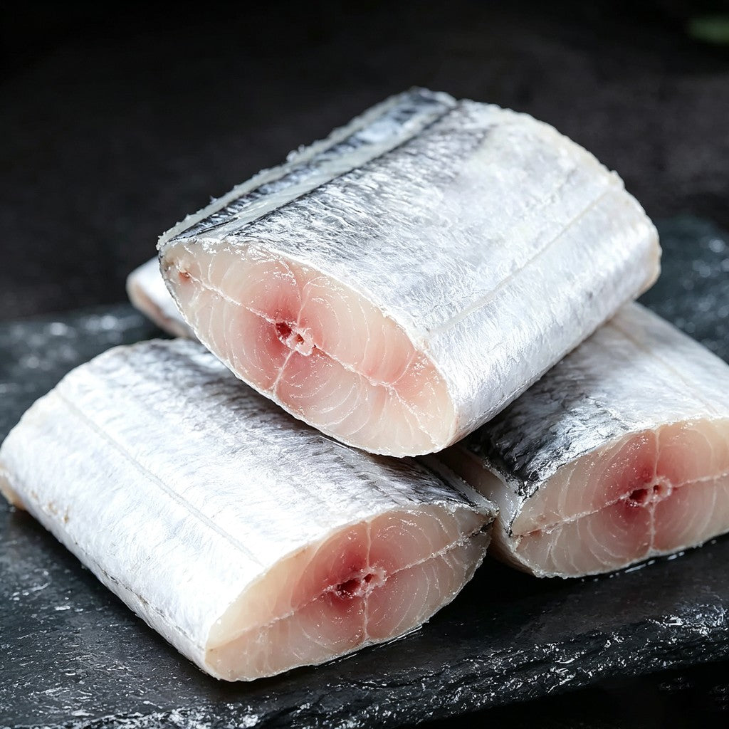 Stacked frozen beltfish steaks with silvery skin on ice