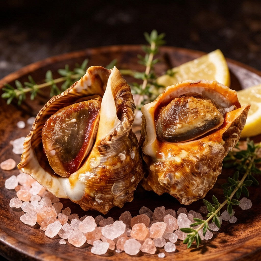 Salt-roasted sea whelks topped with herb butter on a dark plate