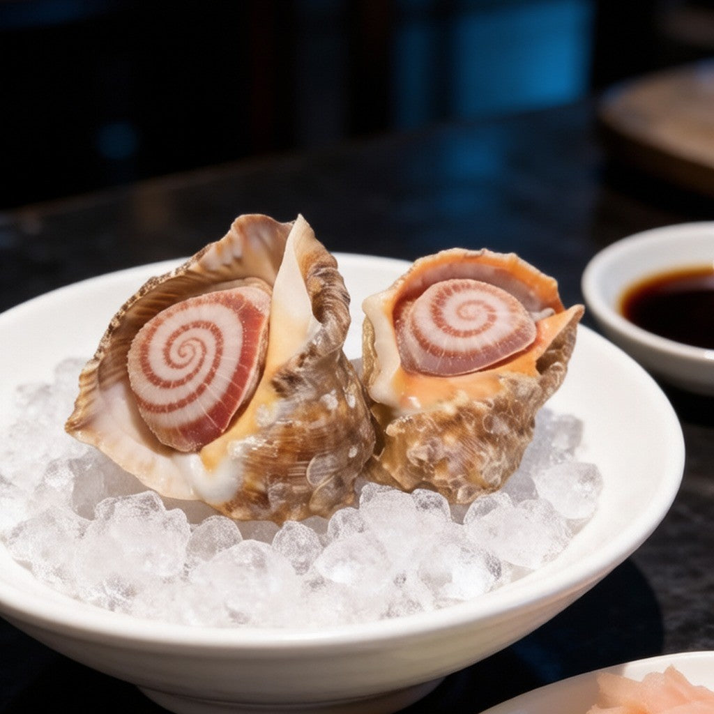 Sliced sea whelk meat arranged on crushed ice with garnish
