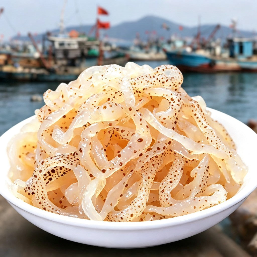 Shredded translucent jellyfish strips with sesame in a bowl