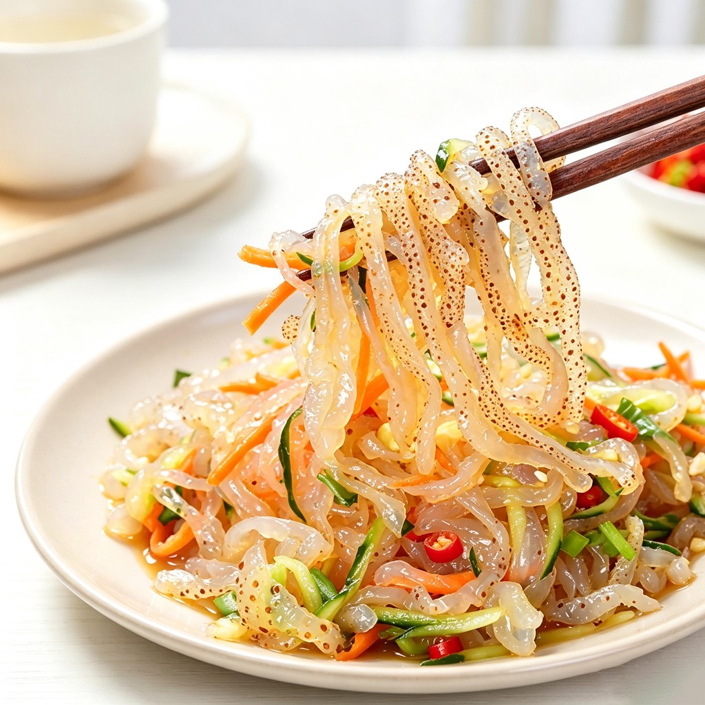 Chilled jellyfish salad tossed with cucumber and sesame seeds