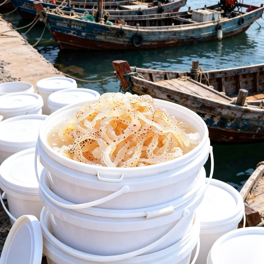 Stacked pale jellyfish strips on a plate with chopsticks