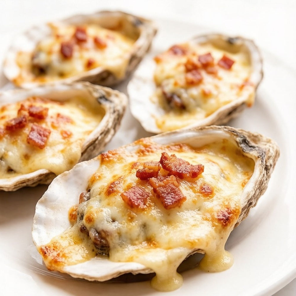 Half-shell oysters topped with melted cheese and bacon on a white plate
