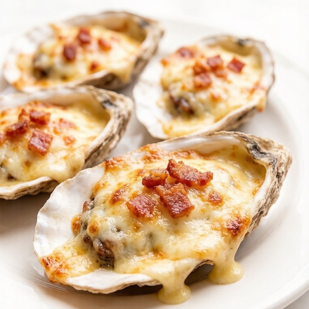 Half-shell oysters topped with melted cheese and bacon on a white plate
