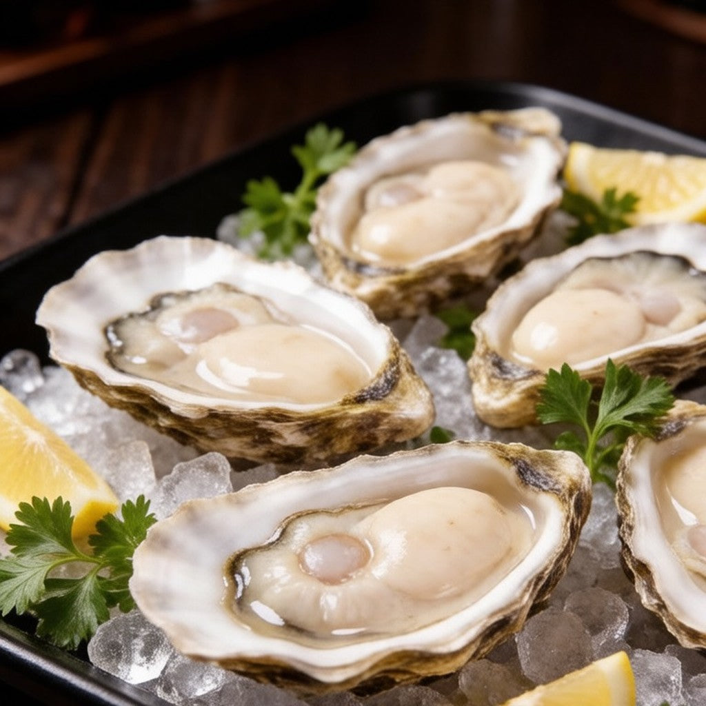 Open oysters on the half shell arranged over crushed ice