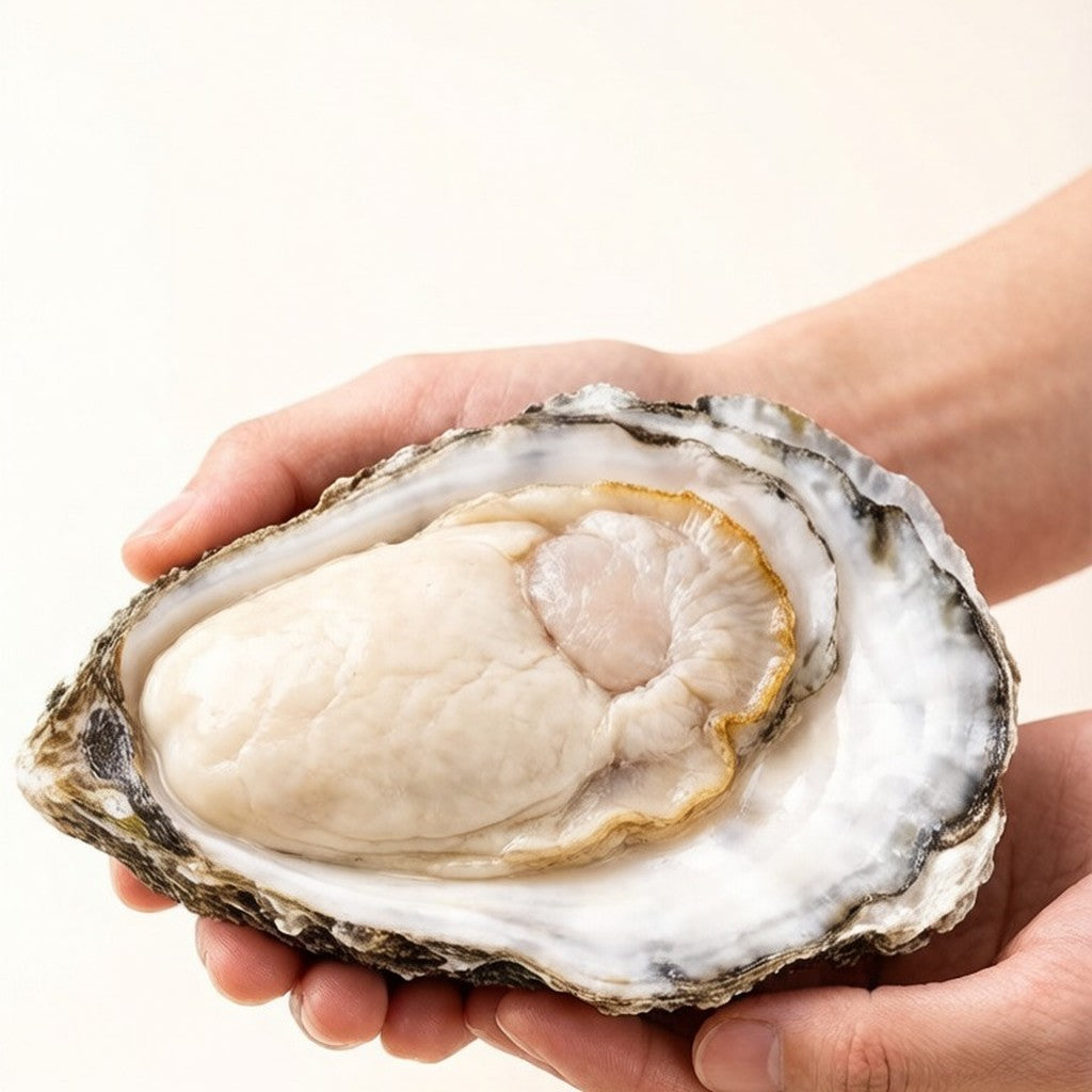 Hand holding one large freshly opened oyster in its shell