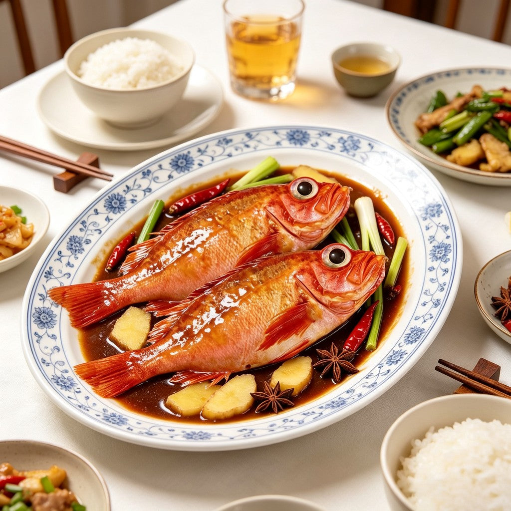 Braised whole red rockfish in a shallow bowl with sauce