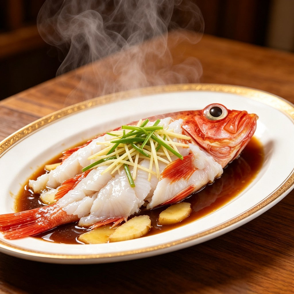 Steamed red rockfish dressed with scallion and soy sauce