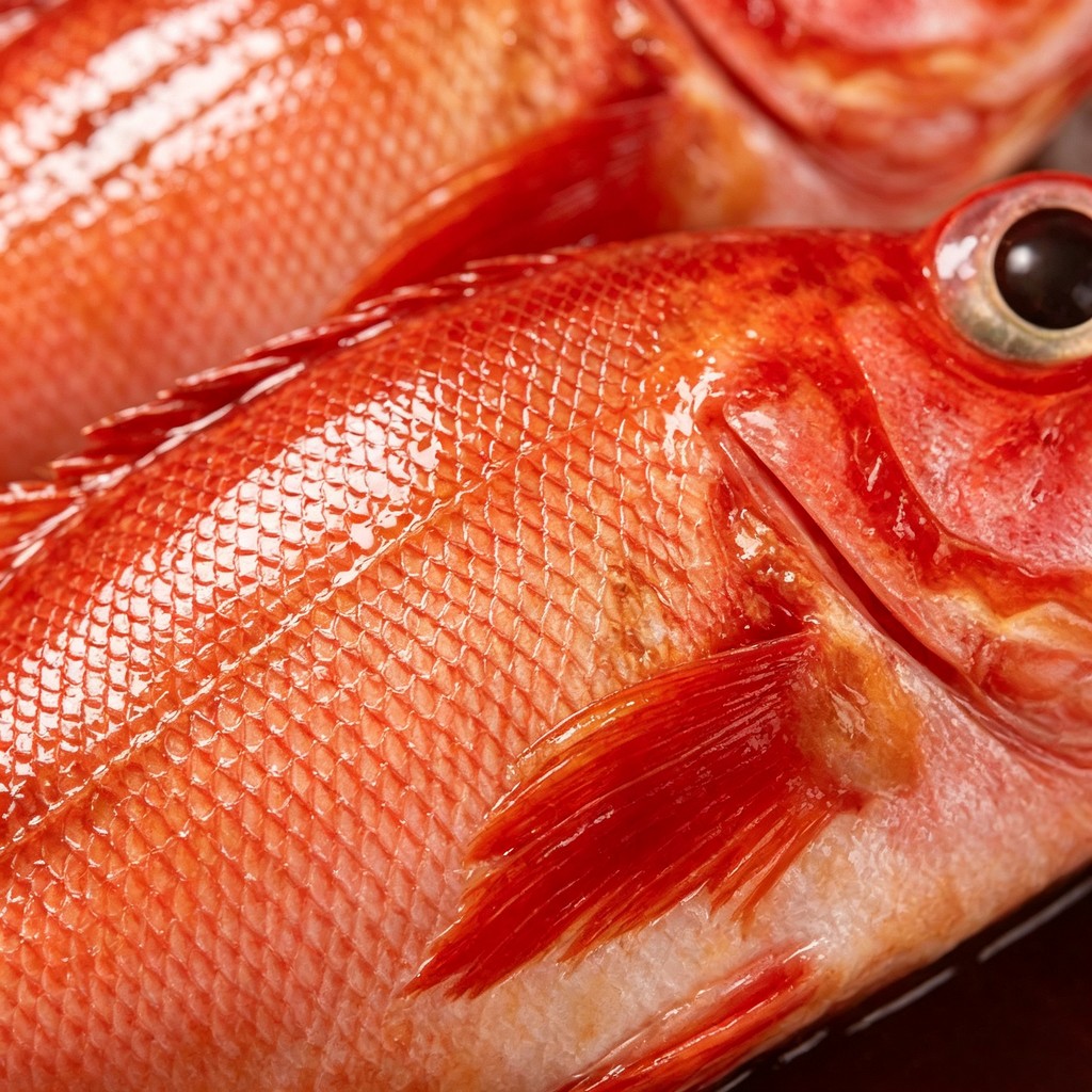 Whole raw red rockfish on crushed ice showing bright skin